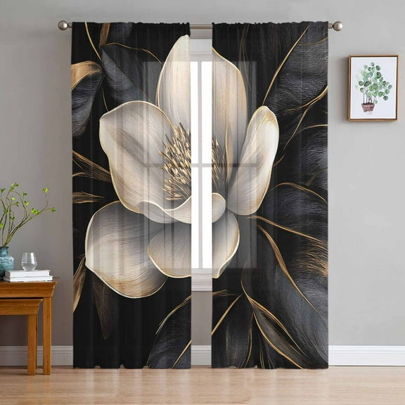Black Gold Flower Sheer Curtains 84 Inches Long 2 Panels Set, Window Sheer Curtains for Living Room/Bedroom, Gradient Luxurious Floral Botanical Light Filtering Rod Pocket Curtain 52'' x 84'' x 2