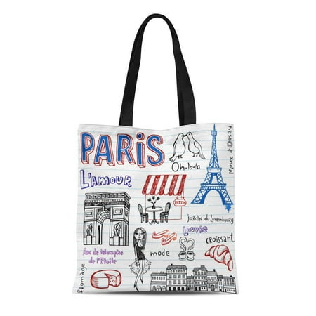 Paris Bistro Chairs ASHLEIGH Canvas Tote Bag Arc Paris Doodles Triomphe Bench Bird Bistro Bread Chair Reusable Shoulder Grocery Shopping Bags Handbag ()