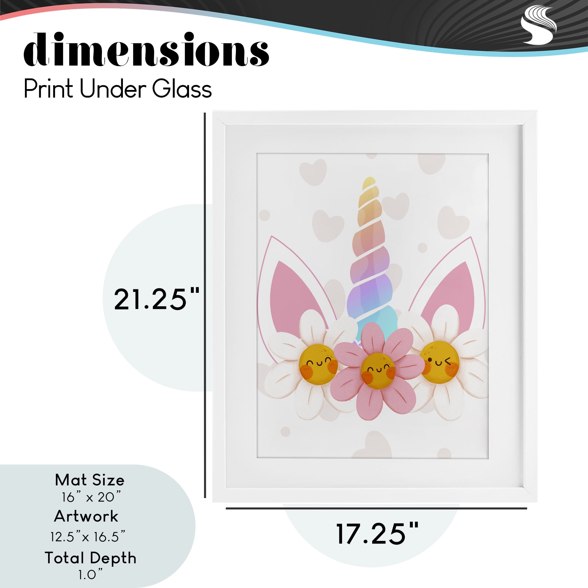 Daisy Unicorn with Hearts White Framed Print Under Glass, design by Jesse Keith