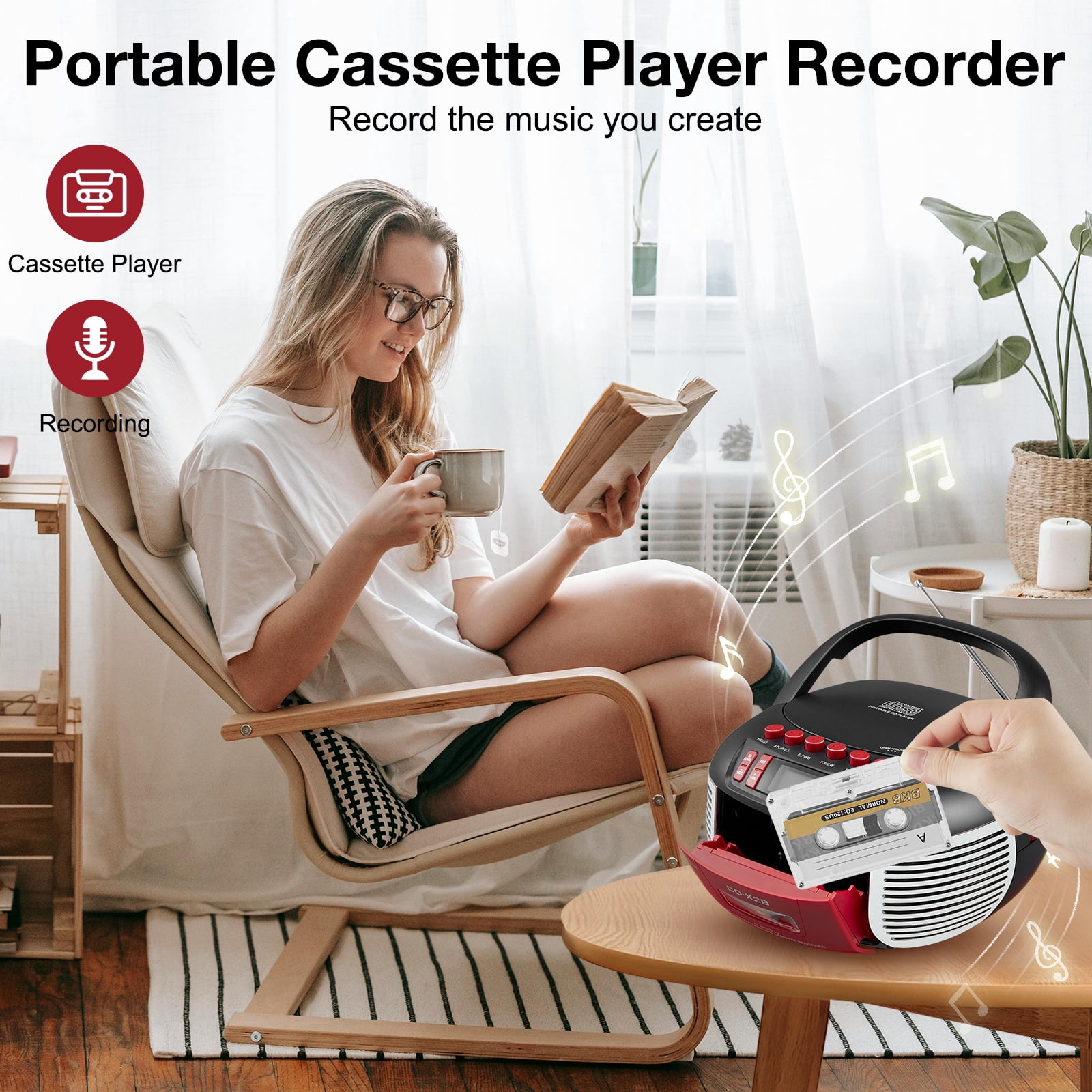 Cassette Boombox CD Player Combo with Bluetooth and Remote,Stereo Speakers,FM Radio,Tape Recording.