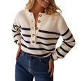 thumbnail image 2 of Sweaters for Women Stripe Henley Neck Long Sleeve Loose Knit Pullover Casual Stylish Retro Versatile Top Beige L, 2 of 9