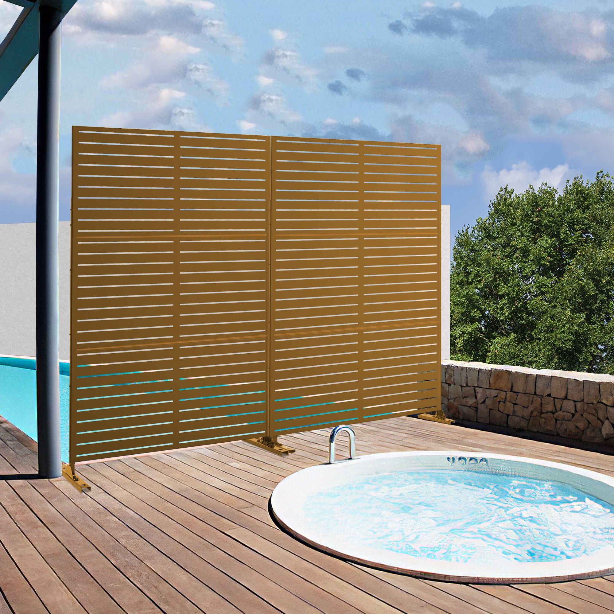 MAYEERTY 72×47" Outdoor Brown Metal Privacy Panel Screen for Backyard & Garden, Louvered Pattern