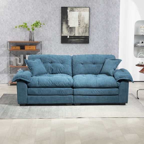 84" Chenille Loveseat Sofa, Deep Seat Couch with Memory Foam & Pocket Springs, Includes 2 Throw Pillows, 600lbs Capacity, for Living Room & Apartment, Blue