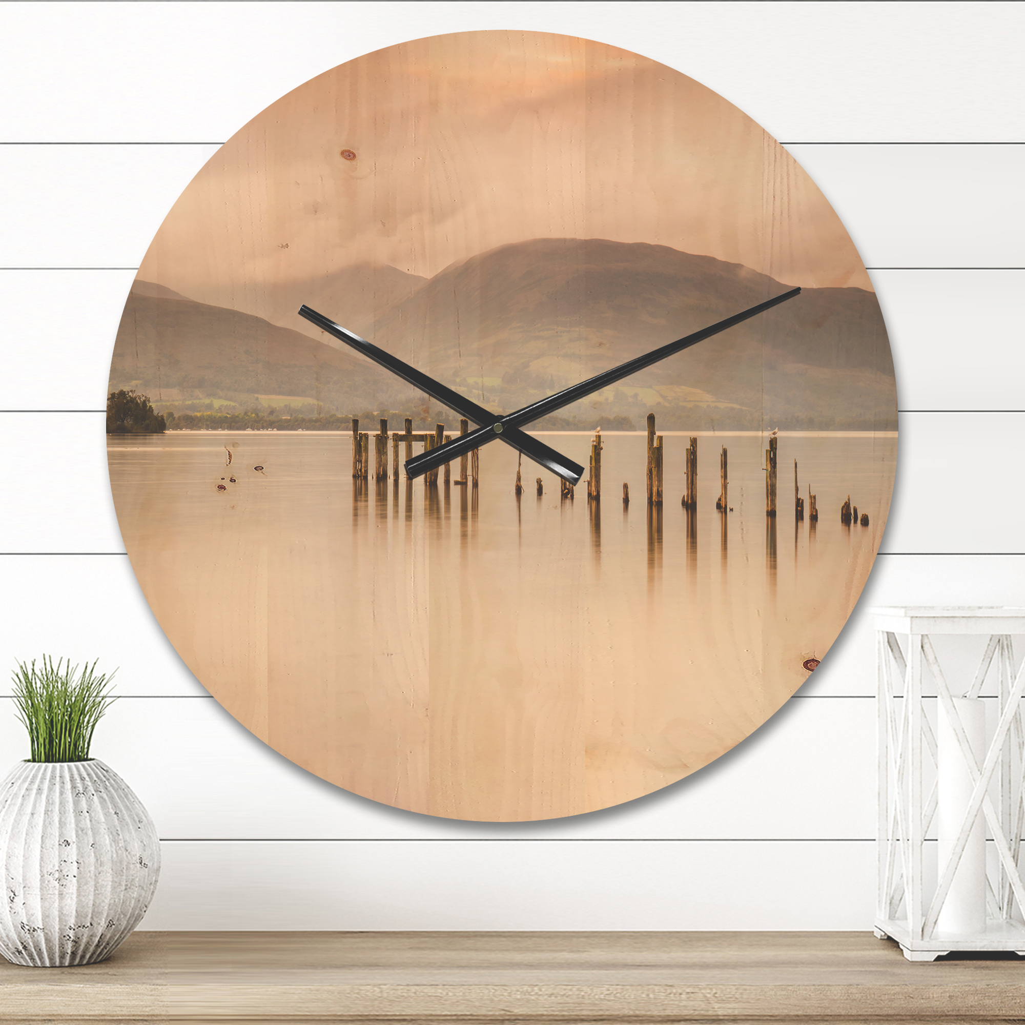 Designart 'Loch Lomond Jetty and Mountains Landscape' Modern Wood Wall Clock