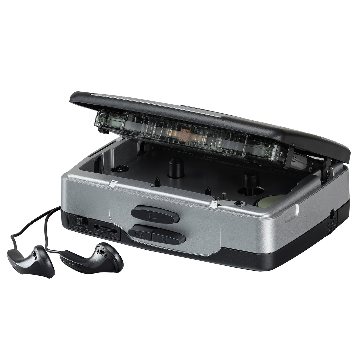 JENSEN Portable Stereo Cassette Player with AM/FM Radio and Earbuds, SCR-75 (Silver/Black), SCR-75-SB