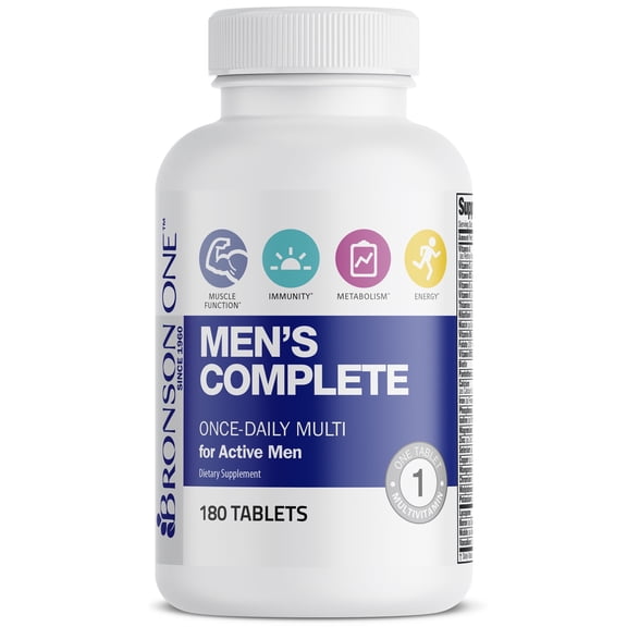 Bronson Men's Complete Once - Daily Multi For Active Men, 1 Tablet Multivitamin, Supports Muscle Function, Immunity, Metabolism, & Energy, 180 Tablets