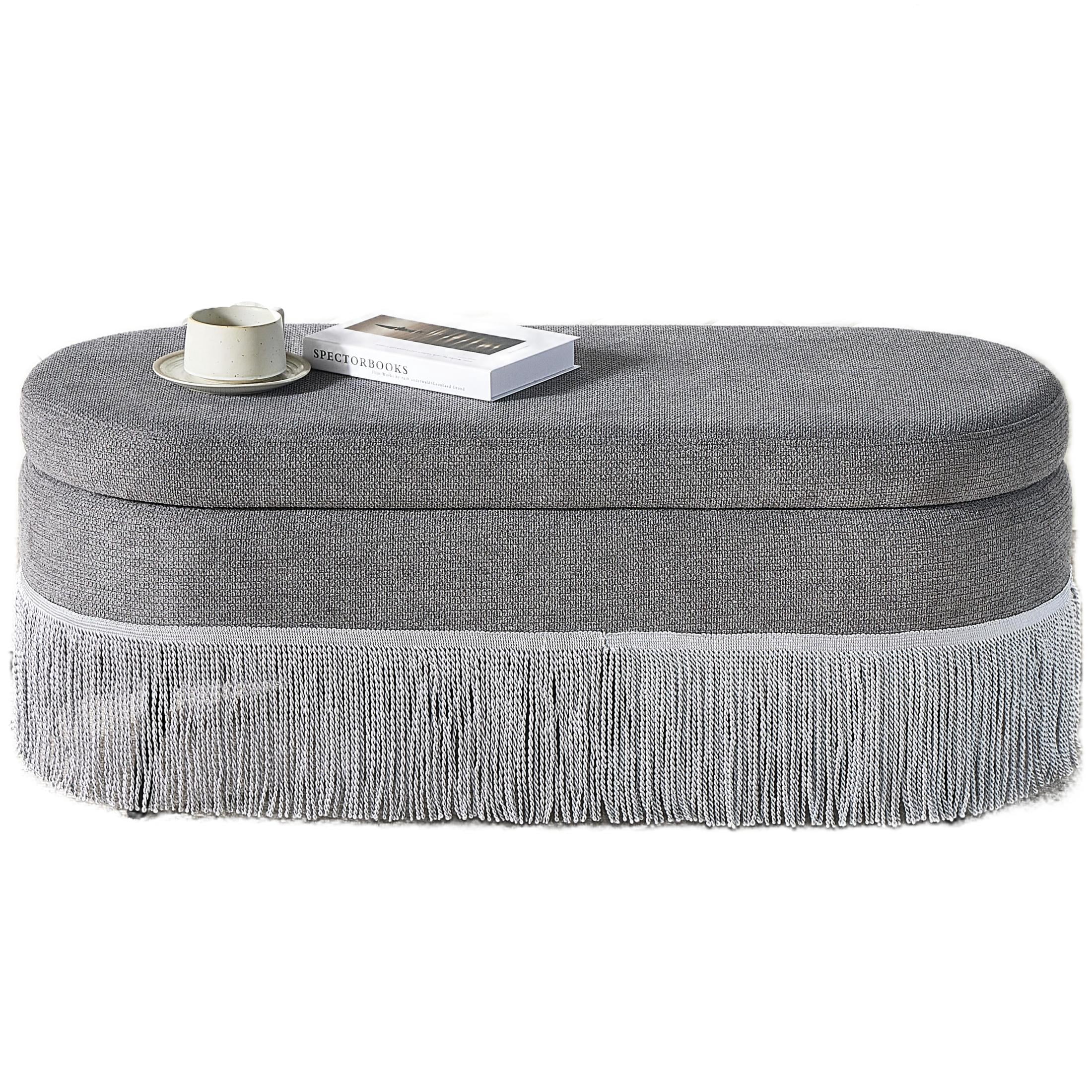 Noble House Ciara 39" Oval Upholstered Storage Ottoman, Lift Top Bench with Boho Fringe Trim, Multi-Functional Footrest, Gray