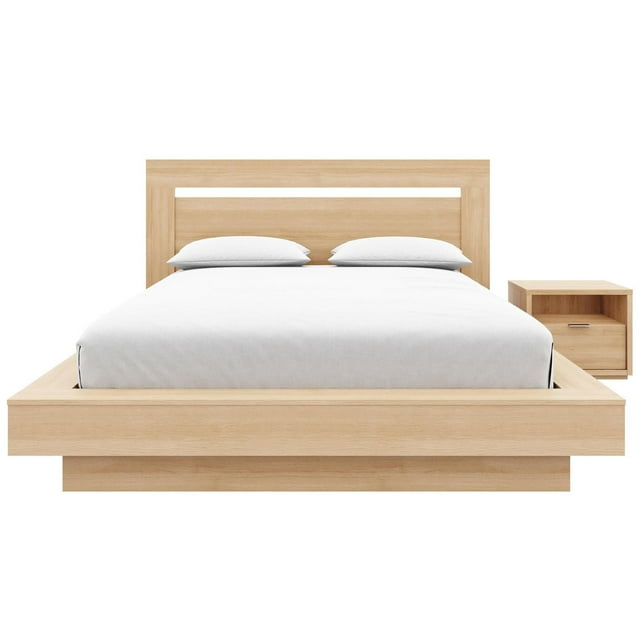 Stanley 3 piece bedroom set featuring a light wood headboard, slatted bedframe, and matching nightstand with drawer.