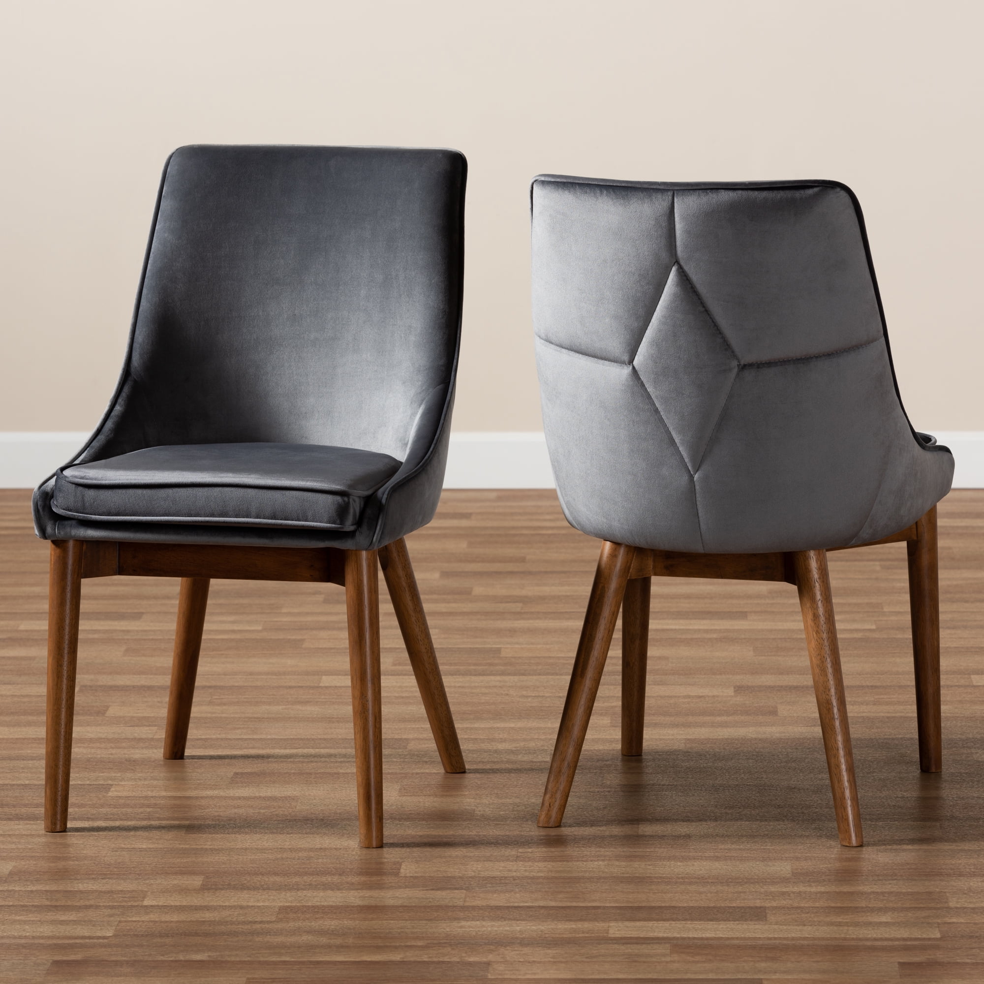 Baxton Studio Gilmore Modern and Contemporary Grey Velvet Fabric Upholstered and Walnut Brown Finished Wood 2-Piece Dining Chair Set Set