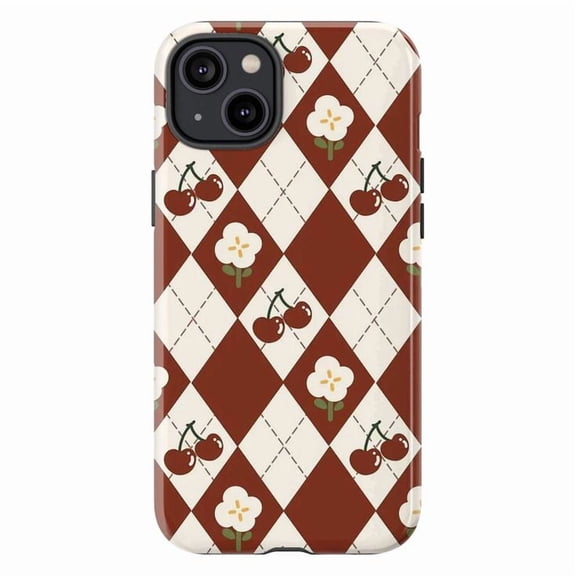 Retro Argyle & Cherry Phone Case, Cottagecore Brown Plaid Cover for iPhone 17 16 15 14 13 12 11 Pro Plus Mini