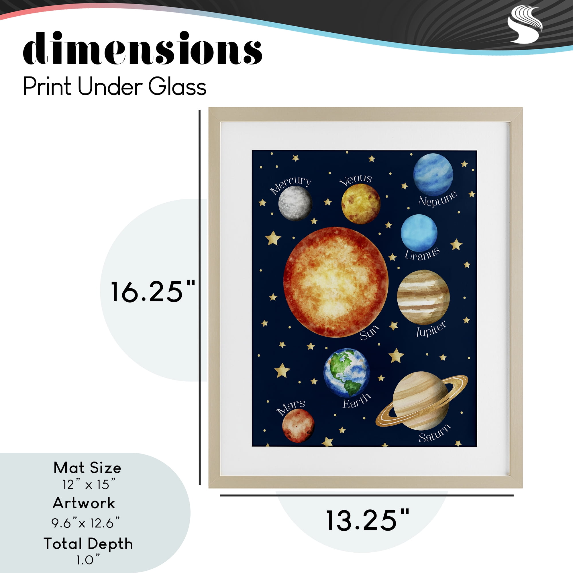 Educational Solar System Space Birch Framed Print Under Glass, design by Christine Simpson Art