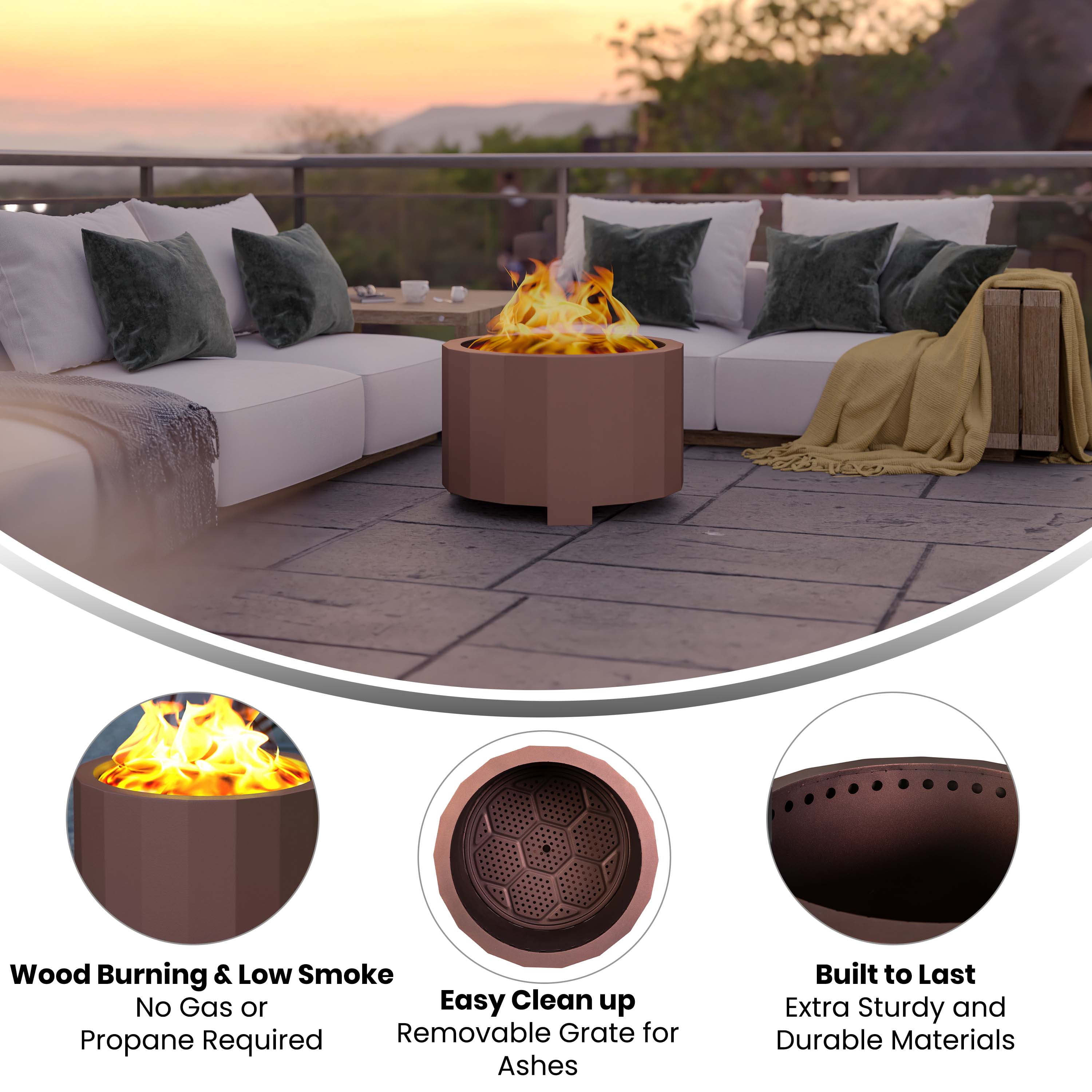 BizChair Commercial Grade 27 inch Smokeless Outdoor Firepit, Natural Wood Burning Portable Fire Pit With Waterproof Cover, Bronze