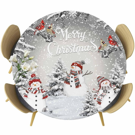 Round Table Cover 55-60 Inch Grey Merry Christmas Waterproof Reusable Table Cloth Round Fitted Vinyl Tablecloth with Elastic Edged for Parties Outdoors, Snowman Xmas Tree Snowflake Winter Birds