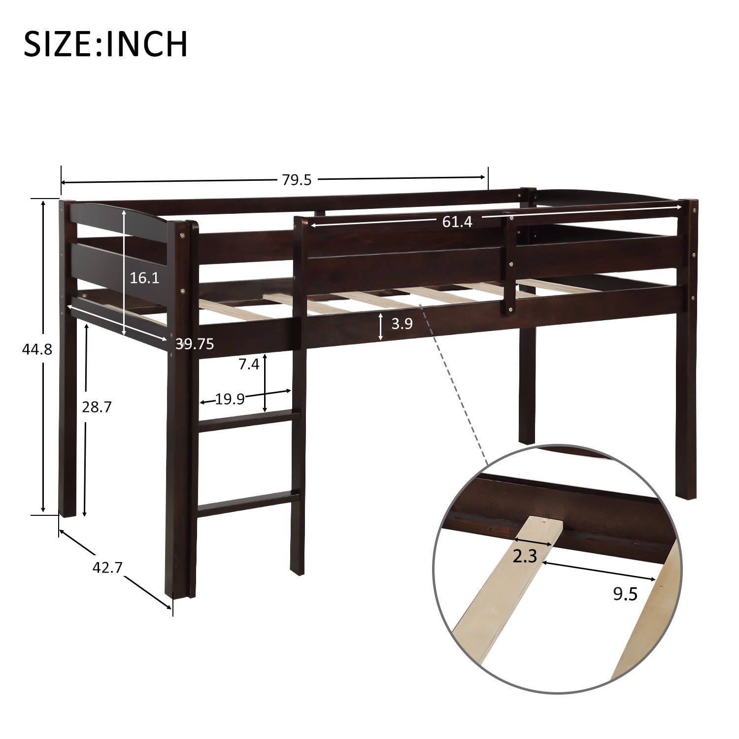 Euroco Wood Loft Bed with Ladder, Twin Size for Kids Teens, Espresso