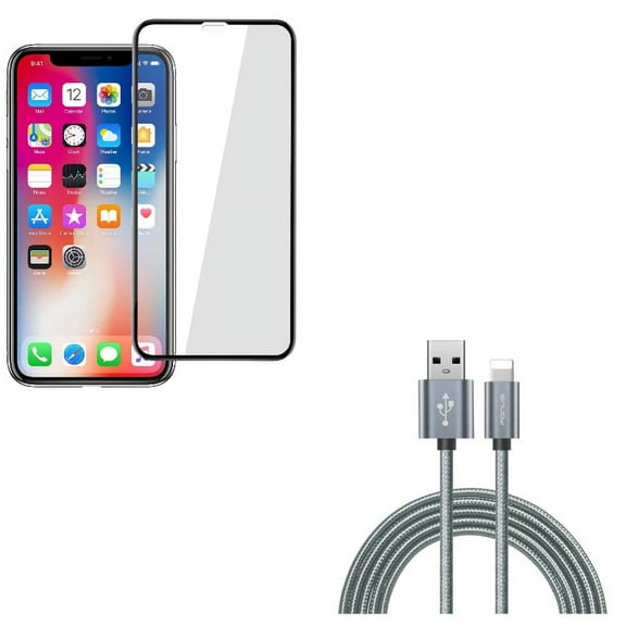 iPhone XS/X - Tempered Glass Screen Protector w Charger Cord 10ft USB Cable - 5D Touch Curved Edge Full Cover Bubble Free Case Friendly 9H Hardness, Power Wire Braided Long Sync Fast Charge