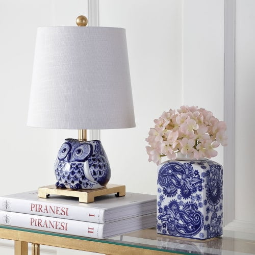 Justina 16" Ceramic Mini LED Table Lamp, Blue/White by JONATHAN Y