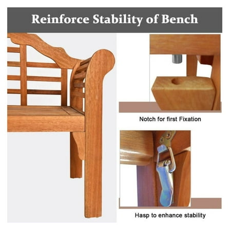 Eucalyptus Wood Folding Bench Outdoor - 49" Patio Garden Bench with Backrest & Armrests - Natural Finish - Space Saving Design - Seats 2 - Heavy Duty 800lbs Capacity