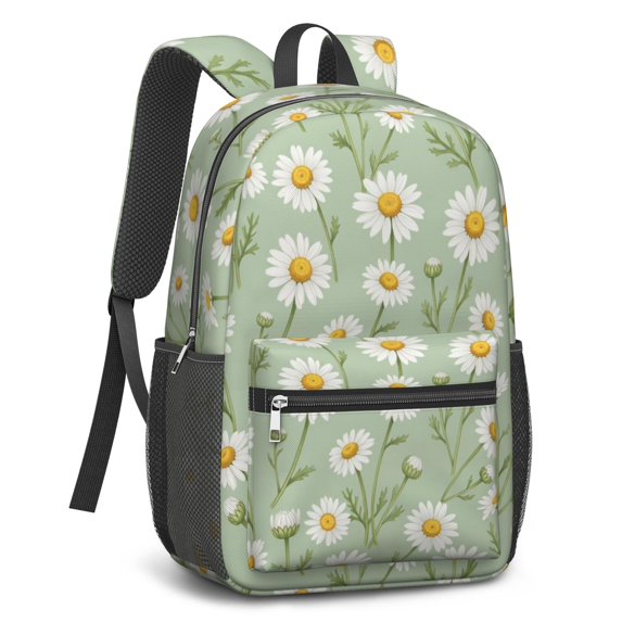 Daisy Pioneer Flower Green Pattern 17" Waterproof Oxford School Backpacks for Teens, S-Shape Padded Straps, for School, Travel, Hiking, Camping