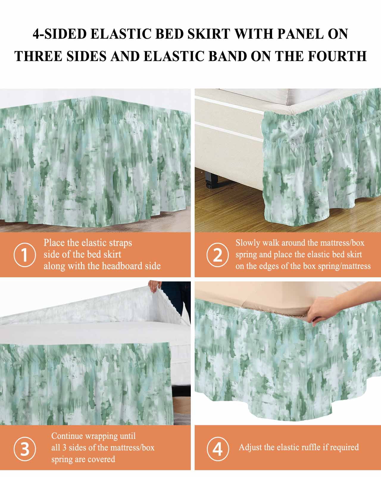 Green Abstract Wrap Around Bed Skirts for Queen Bed 18" Drop,Bed Skirt with Adjustable Elastic Belt Dust Ruffle Bed Valance for Bedroom Hotel Modern Oil Painted Art Contemporary Bed Frame Cover