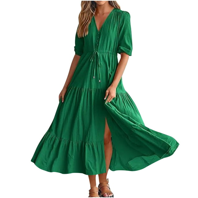 AherBiu Robe Bohème pour Femmes, Taille à Cordon, à Volants Superposés, Fluide, Manches Courtes, Col en V, Longue