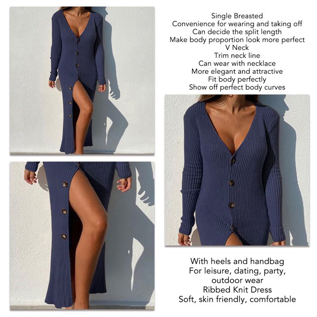 Robe Chandail Longue en Tricot à Col en V Profond pour Femmes avec Boutons, Manches Longues, Robe Maxi