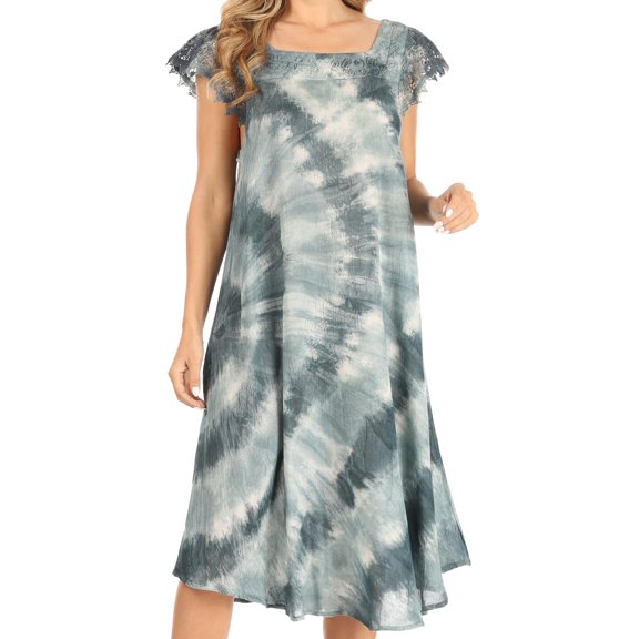 Sakkas Trila Women's Casual Summer Lace Boho Short Sleeve Midi Loose Dress Flowy - Grey - One Size
