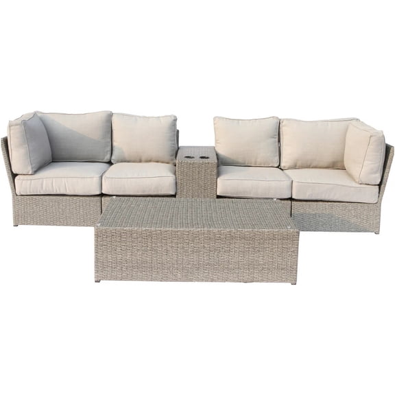 JERFIT 4-Piece Outdoor Patio Sectional Sofa Set with Coffee Table, Cup Holder, and Thick Cushions, All-Weather Wicker, Grey Mix, Fully Assembled