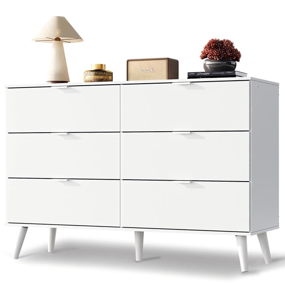 GALAXHERO 6 Drawer Wood Dresser, 47.2" Wide Chest of Drawer with Metal Handles, TV Stand for 55" TV, Double Dresser for Bedroom, Living Room, Hallway, Closet, White
