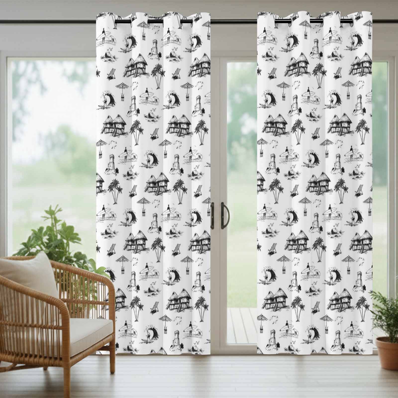 Coastal Holiday Outdoor Curtains for Patio, Ocean Coconut Tree Surfing Boat Black White Sunshade Privacy Drapes Grommet Waterproof Outside Curtains for Porch/Cabana/Balcony 54"x 108", 1 Panel