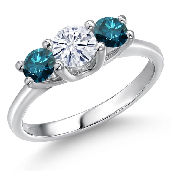 Gem Stone King 14K White Gold White Moissanite & Blue Diamond 3-Stone Engagement Ring | 1.04 Cttw | Round 5MM and 4MM | Three Stone Wedding Anniversary Promise Ring for Women (Size 7)