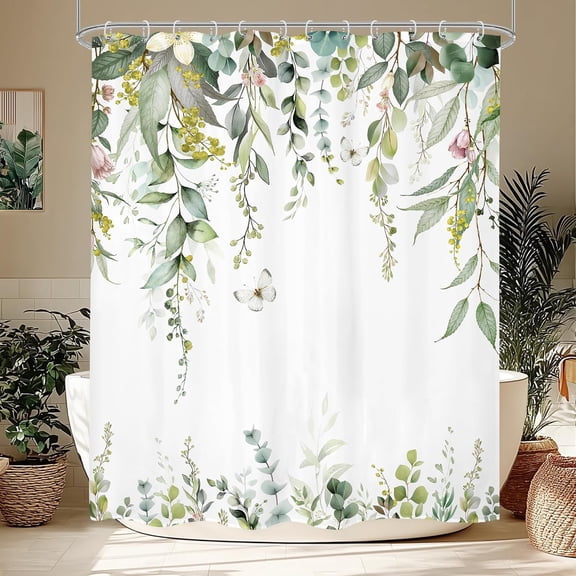 Sage Green Shower Curtain 72Wx72H Inches, Watercolor Eucalyptus Leaves Summer Bathroom Curtains, Botanical Plants Earthy Waterproof Fabric Shower Curtains for Bathroom Decor with Hooks