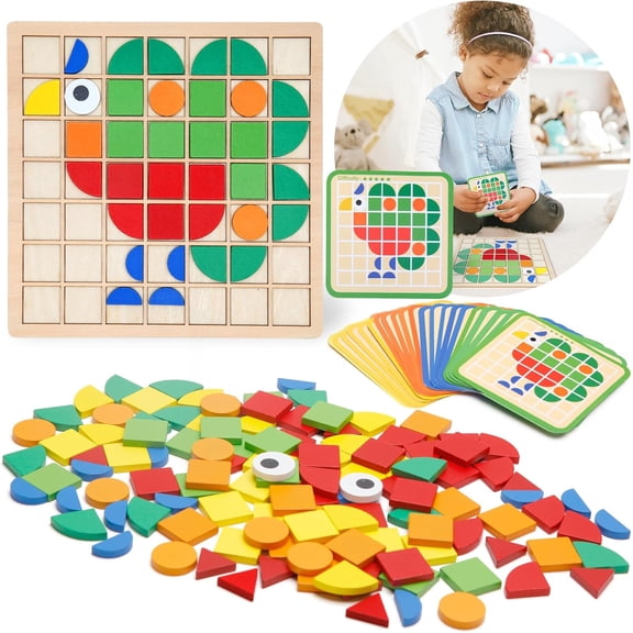 Flynow Wooden Mosaic Puzzle, 137 Shape Pattern Blocks, Learning Educational Montessori Toy, Christmas Birthday Gift for Toddler Kids Boy Girl 3 4 5 6 7 Year Old