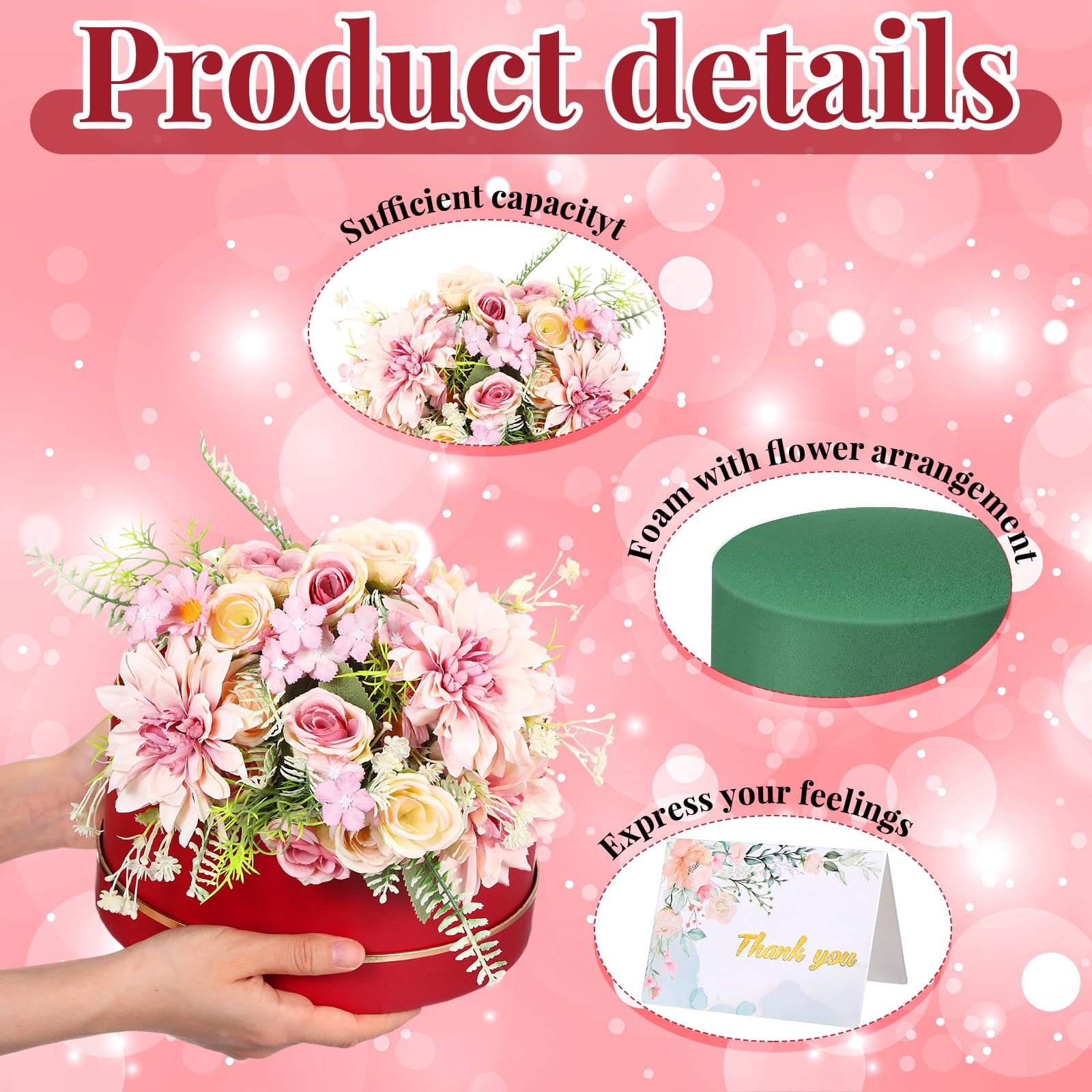 2 Round Gift Boxes With Lids Floral Foam Led Light Thank You Greeting Cards Flower Arrangements Supplies For Valentine Birthday Wedding Bridesmaid Proposal(red)
