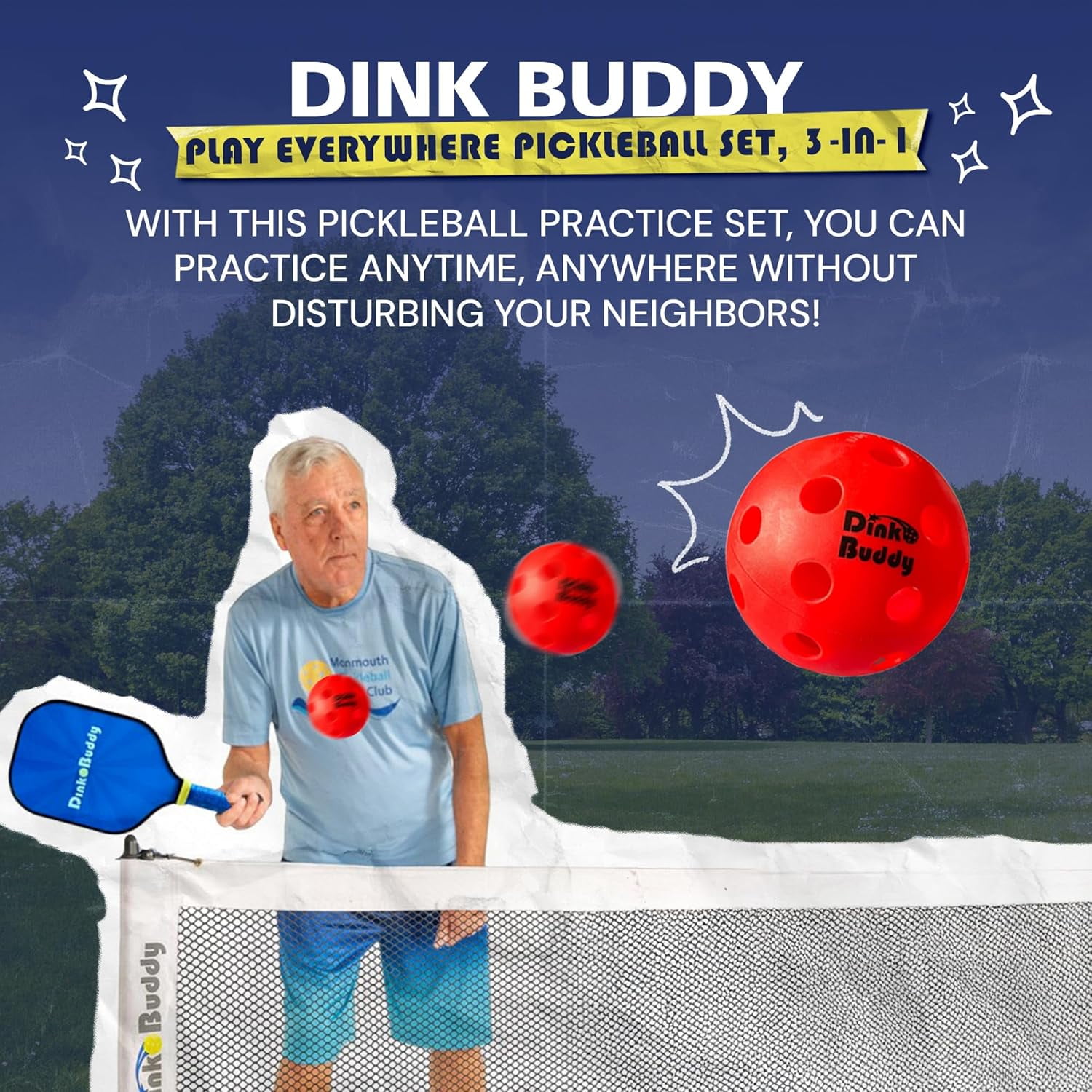 Dink Buddy - 3-in-1 Play Everywhere Pickleball Practice Set, Complete Bundle with 1 Collapsible 6-ft Pickleball Net, 3 Kelso + 3 Standard Balls, 2 Paddles, & 1 Drawstring Backpack