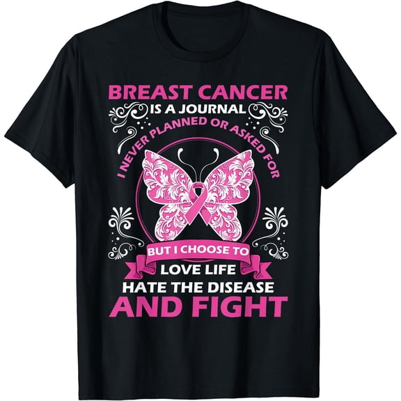 Breast Cancer Is A Journey Awareness Butterfly Pink Ribbon T-Shirt