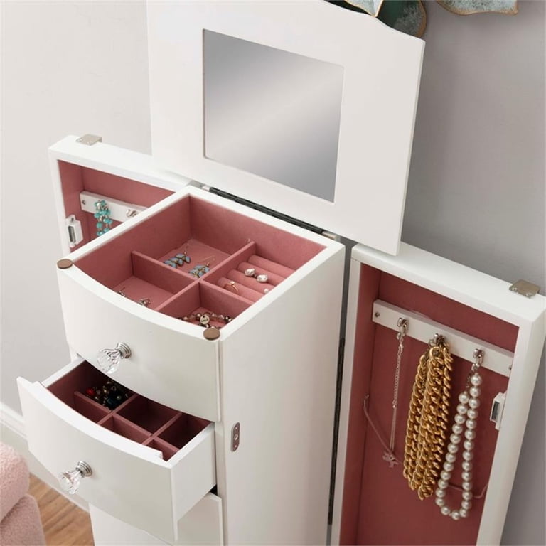Powell Jasmine White Jewelry Armoire with Crystal Drawer Pulls and