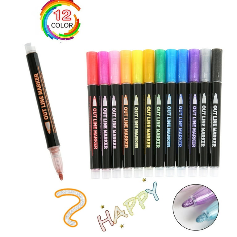  TaKicola Super Squiggles Outline Markers Set, Double Line  Shimmer Markers, Self-Outline Metallic Markers Glitter Writing Drawing  Doodle Marker (24 Color Pens) : Arts, Crafts & Sewing