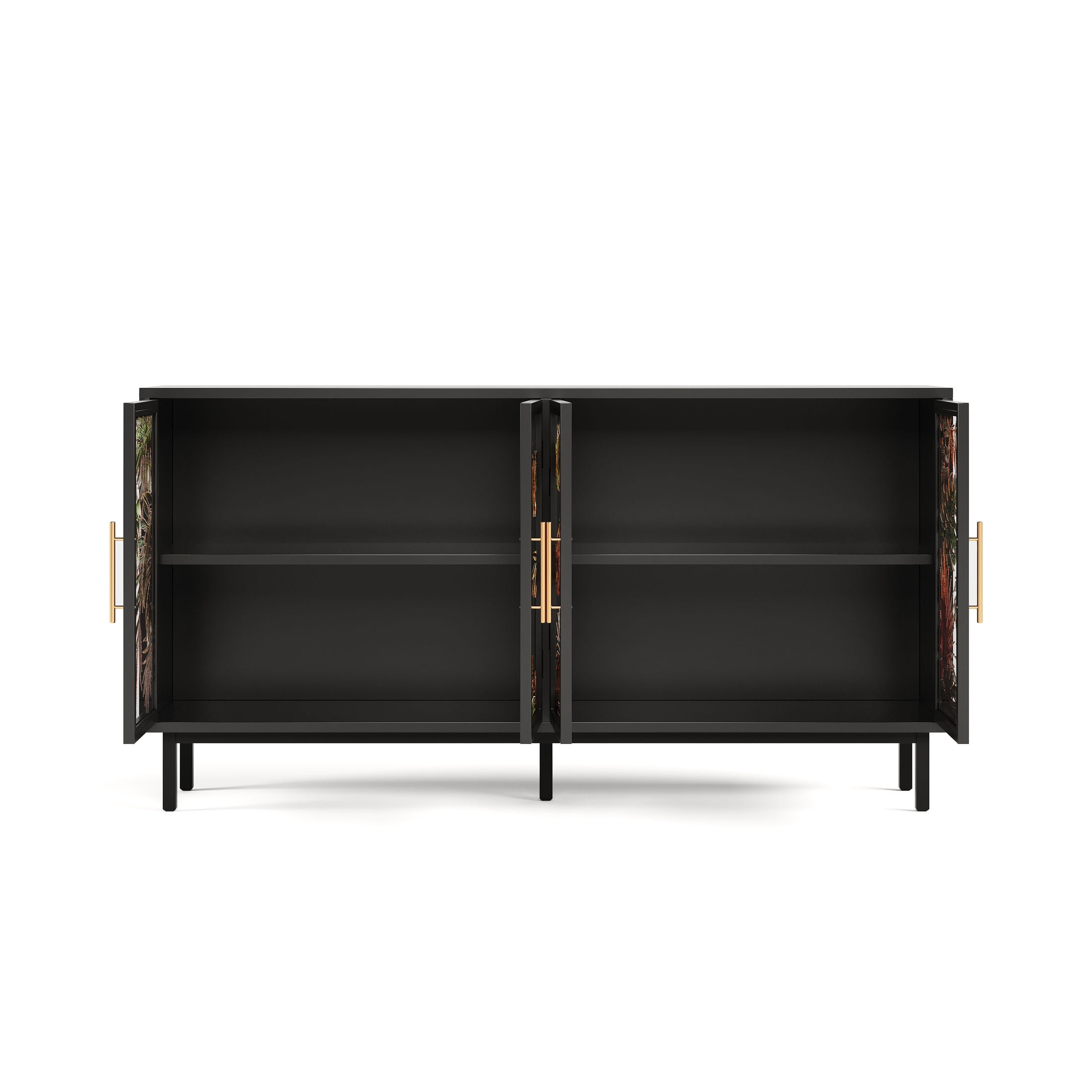 Noble House 60.4" Wooden Buffet Cabinet with Tropical Plant Glazed Glass Doors, Retro Storage Console Table, Black
