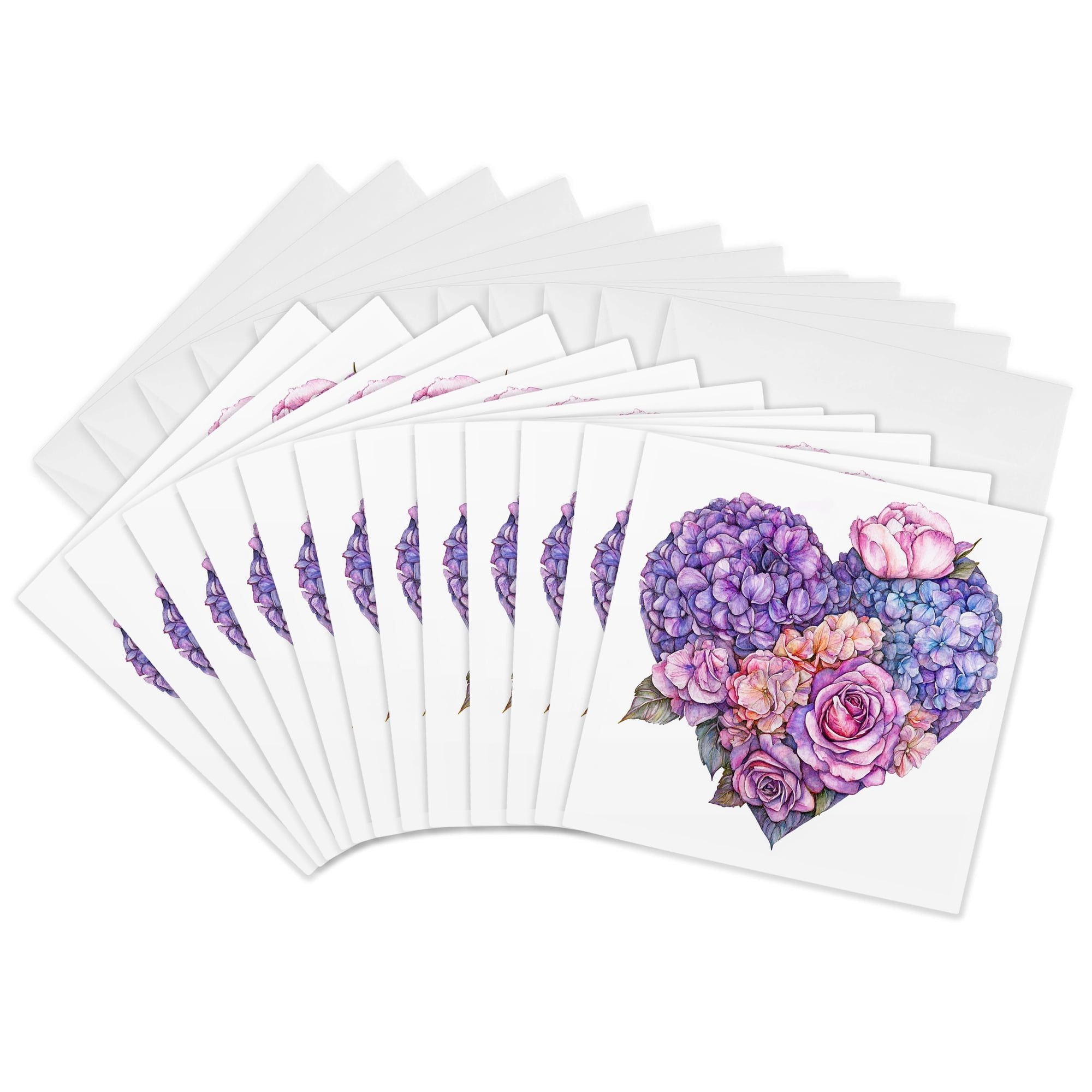 3drose Pretty Hydrangea and Flowers Heart Illustration 12 Greeting Cards with Envelopes