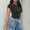 thumbnail image 5 of JYLFC Casual Crew Neck T-shirt for Woman Short Sleeves Stretchy Crop Top Slim Fit Solid Tee Tops Summer, Black L, 5 of 7