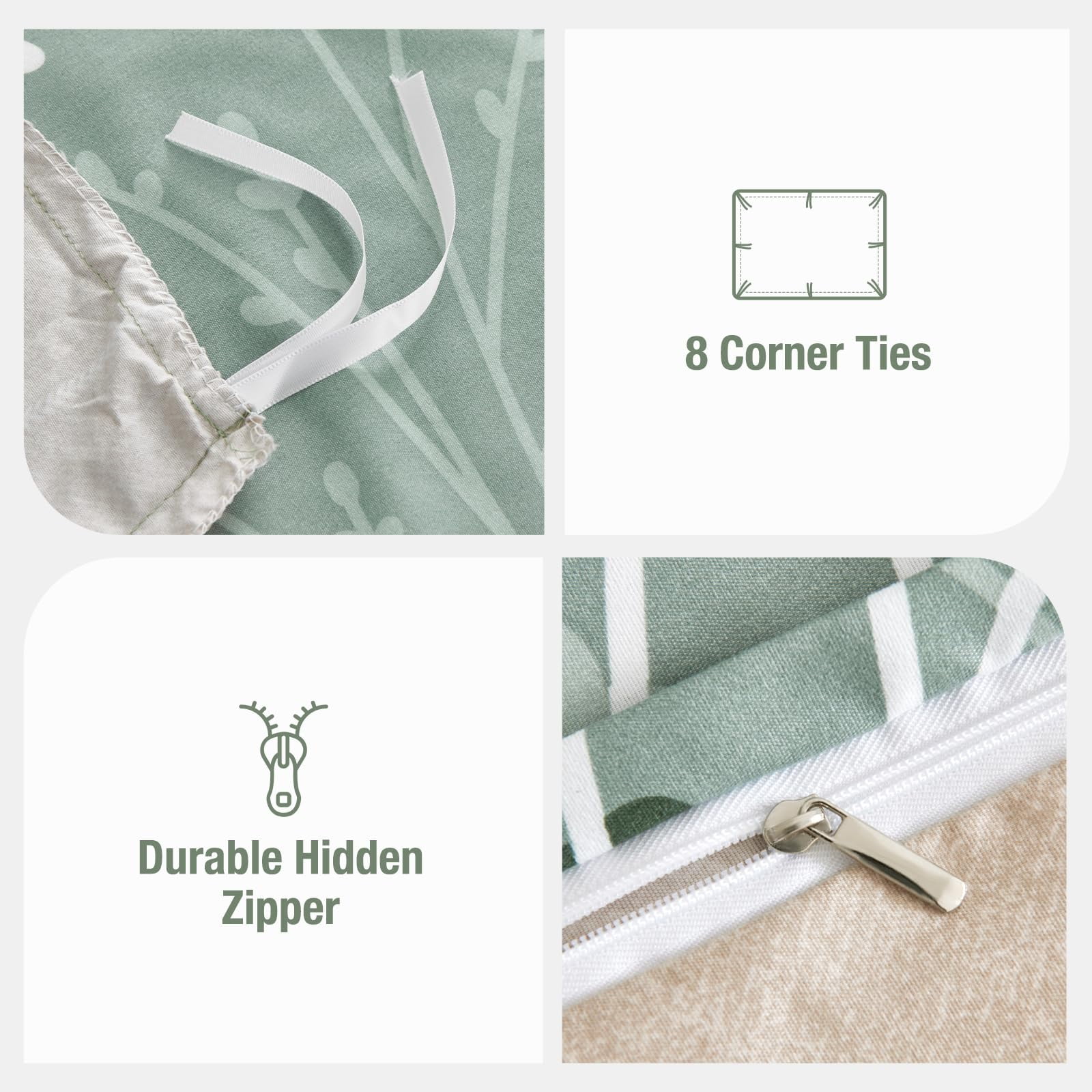 Leke Green Duvet Cover Queen Size, Reversible Floral Queen Comforter Cover with Branch Pattern, Soft 100% Washed Microfiber 3 Pieces Green Bedding Set with Zipper and 2 Pillowcases 20"x26"