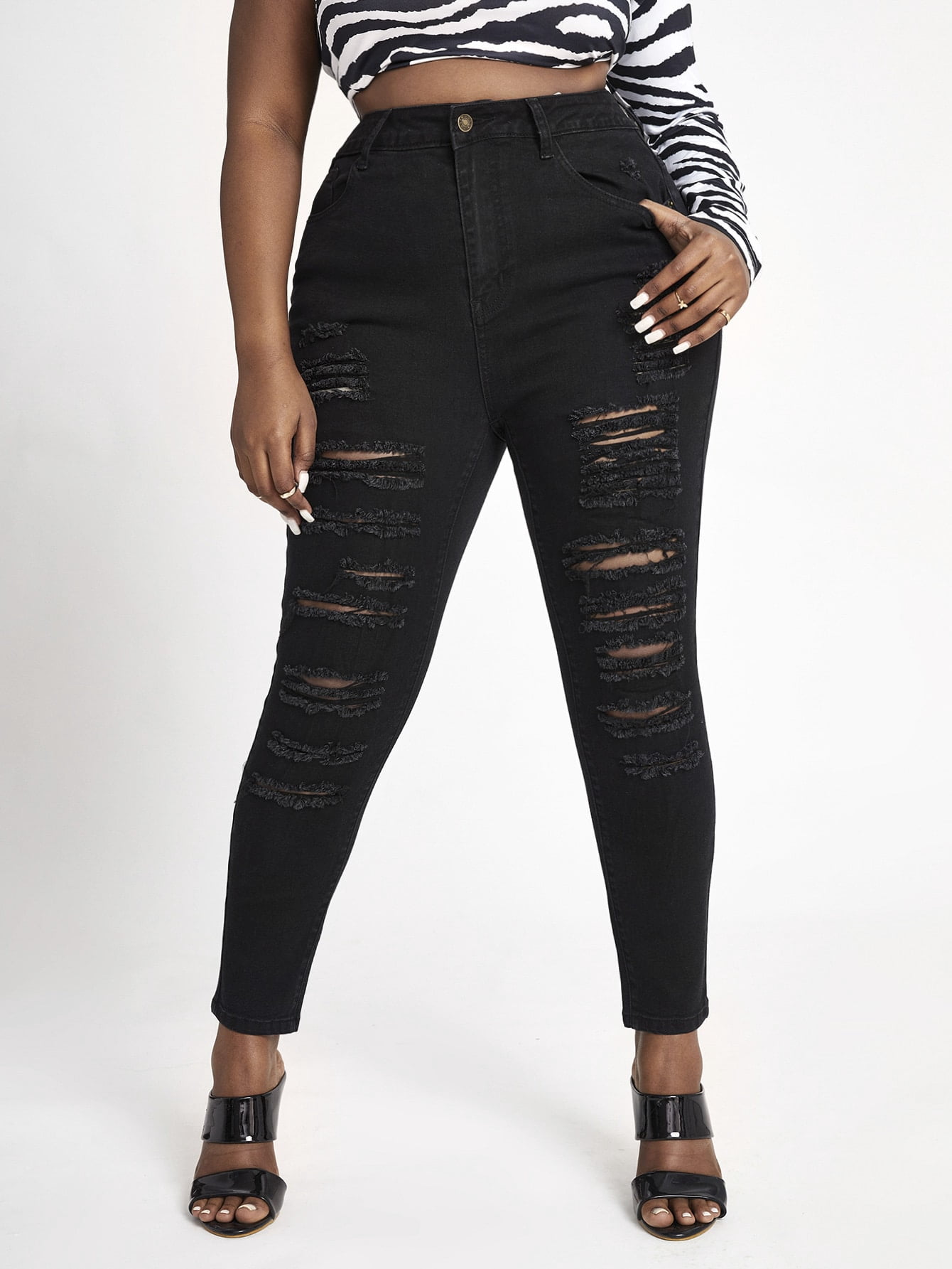 Black Women's Plus High Waist Ripped 