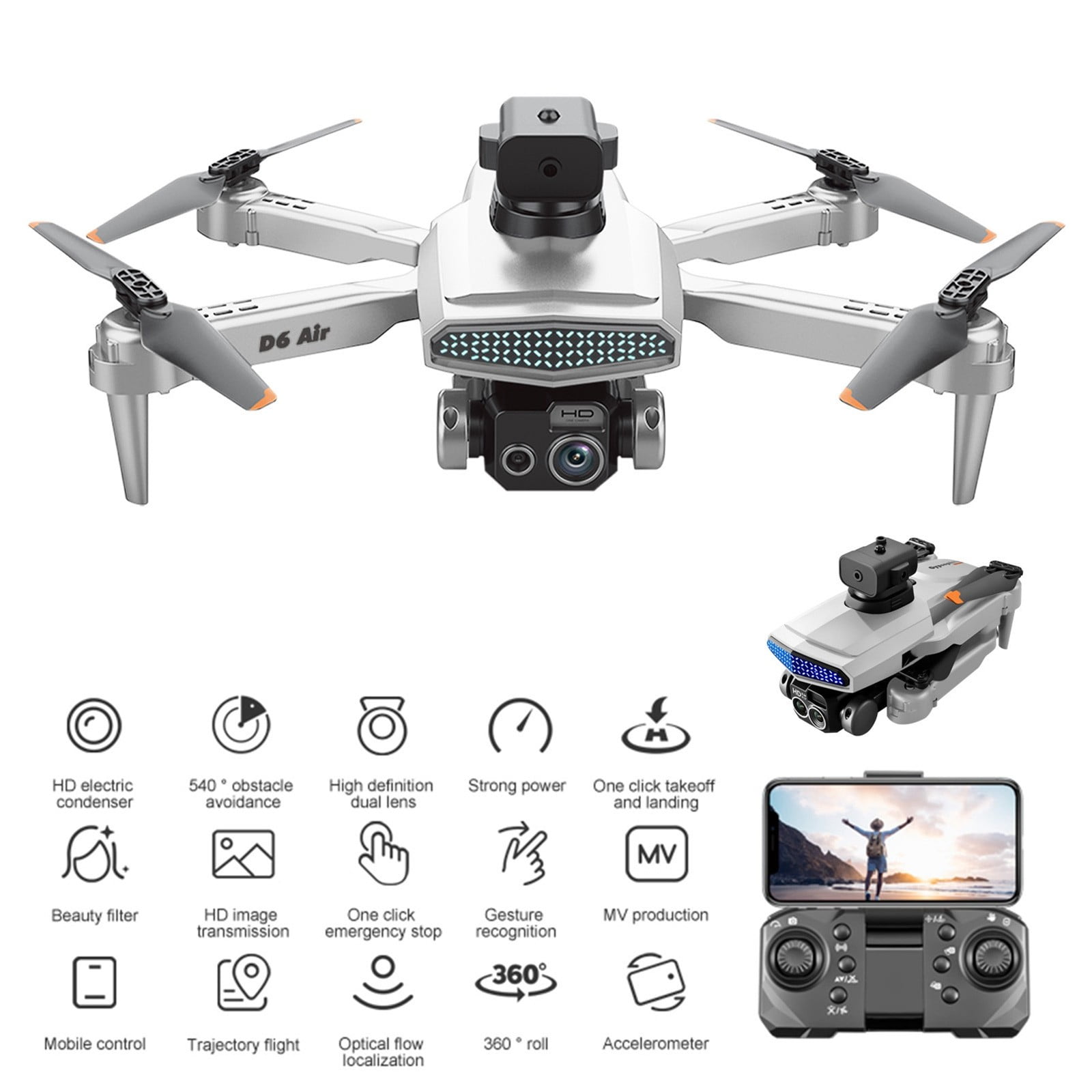 Drone with 4K Dual Camera, Electronic Image Stabilization & Obstacle Avoidance, Gesture Control & One-Key Return with 2 Batteries for Extended Flight, for Beginners and Teenagers