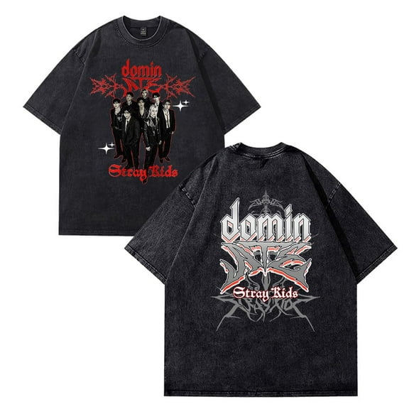 Stray Kids Merch Retro washed T-shirt round neck men's and women's cotton short sleeved pattern casual T-shirt