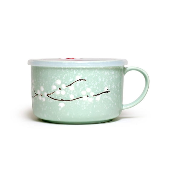 Microwavable Ceramic Noodle Bowl with Handle and Seal Sakura Snow Flake Floral Design