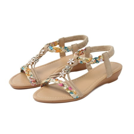 

MIASHUI Summer Sandals for Women 2024 Women Wedge Shoes Flat Beaded Sandals Beach Sandals Thong Flat Beach Slippers Sandals Beige 9