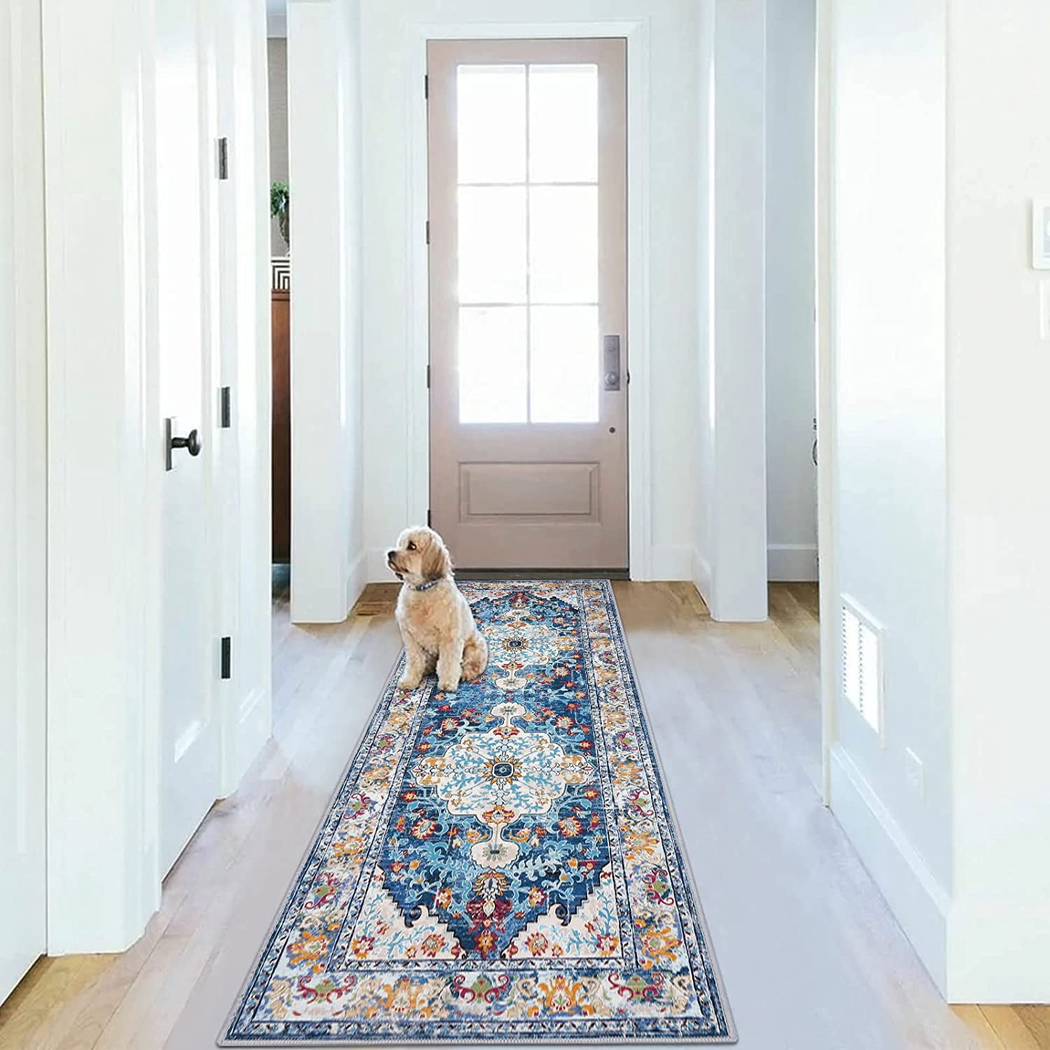 Findosom 2'x6' Vintage Boho Runner Rug Washable Non-slip Area Rug,Hallway Indoor Farmhouse Bedroom Kitchen Living Room Non Shedding Runner, Contemporary Low Plie Floor Carpet Doormat,Blue