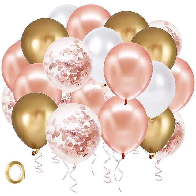 Globos de látex con confeti oro rosa, paquete de 60 globos blancos y dorados de 12 pulgadas, globos de cumpleaños con cinta dorada para fiestas, bodas y despedidas de soltera.