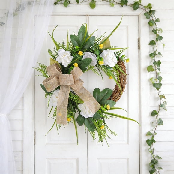Cagogo Spring Wreath, Artificial Magnolia Flower Wreath for Front Door Decor, 35cm Floral Hanging Ornament for Home, Easter Spring Door Wreath for Indoor Outdoor Wall Decoration