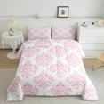 thumbnail image 2 of Manfei Ancient Damask Jacquard Queen Comforter Set,Boho Floral Baroque Flower Bedding Sets,Pink White Bedding Comforter Set For Kids,Breathable Home Decor Reversible,3-Piece, 2 of 8